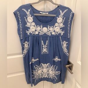 bindu | Embroidered Linen Dress - blue and white